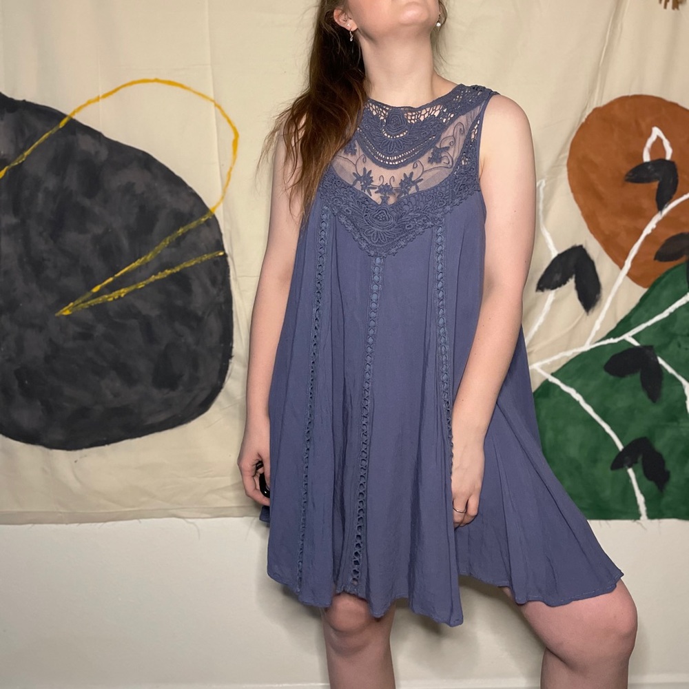 Entro Lace Neck Detailed Periwinkle Tent Dress